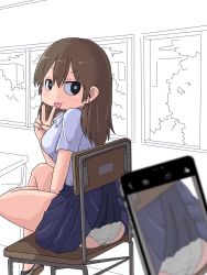 Rule 34 | 1girl, :p, ass, black eyes, blush, bright pupils, brown hair, cellphone, chair, classroom, desk, earrings, from behind, fxxk law, highres, jewelry, long hair, looking back, original, panties, partially colored, phone, school desk, sitting, smartphone, solo, taking picture, tongue, tongue out, underwear, v, wardrobe malfunction, white panties, white pupils, window