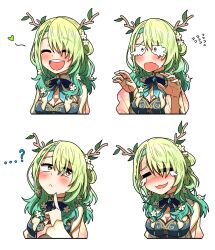 Rule 34 | 1girl, :d, = =, antlers, blue dress, breasts, capelet, ceres fauna, ceres fauna (1st costume), chibi, chibi only, closed eyes, commentary, crying, crying with eyes open, ddolbang, dress, english commentary, expressions, finger to own chin, flower, gradient hair, green hair, hair flower, hair ornament, highres, hololive, hololive english, horns, large breasts, long hair, mole, mole under eye, multicolored hair, multiple views, open mouth, simple background, smile, streaming tears, tears, upper body, virtual youtuber, white background, white capelet, yellow eyes
