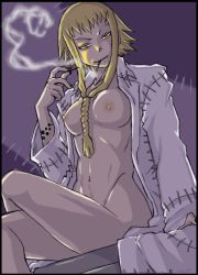 Rule 34 | artist request, breasts, cosplay, dr franken stein (cosplay), lab coat, lab coat, medusa gorgon, naked labcoat, nude, open clothes, open shirt, shirt, smoking, soul eater, witch
