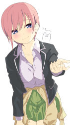 Rule 34 | 1girl, absurdres, black jacket, blazer, blue eyes, blush, breasts, brown cardigan, cardigan, cardigan around waist, closed mouth, clothes around waist, collarbone, collared shirt, commentary request, cowboy shot, dress shirt, go-toubun no hanayome, green skirt, grey shirt, hair between eyes, hand up, highres, impossible clothes, jacket, leaning forward, long sleeves, medium breasts, nakano ichika, neki (wakiko), open clothes, open jacket, pink hair, pleated skirt, school uniform, shirt, short hair, simple background, skirt, smile, solo, translation request, white background