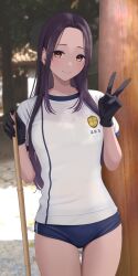 1girl absurdres black_gloves blue_buruma blush brown_eyes buruma closed_mouth cowboy_shot gloves gym_shirt gym_uniform highres holding holding_stick inaka_44 long_hair looking_at_viewer original outdoors purple_hair shirt sidelocks smile solo stick v white_shirt