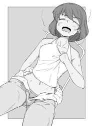 Rule 34 | 1girl, absurdres, bob cut, chair, closed eyes, clothes around waist, clothes lift, clothes pull, commentary, dark-skinned female, dark skin, dutch angle, facing viewer, female focus, folding chair, frown, girls und panzer, greyscale, highres, hoshino (girls und panzer), jumpsuit, jumpsuit pull, mechanic, monochrome, navel, on chair, open mouth, outside border, panties, panty peek, renshiu, shirt lift, shirt pull, short hair, sitting, solo, steam, sweat, tank top, underwear, uniform