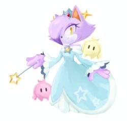 1girl blaze_the_cat blue_dress cosplay crown draw_chill&#039;s dress holding holding_wand koco_(sonic) looking_at_viewer luma_(mario) mario_(series) nintendo rosalina rosalina_(cosplay) sonic_(series) sonic_frontiers star_(symbol) super_mario_galaxy wand yellow_eyes