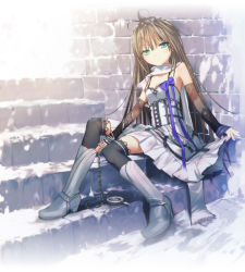 Rule 34 | 1girl, boots, breasts, brick wall, brown hair, chain, detached sleeves, dress, full body, gothic lolita, green eyes, knee boots, lolita fashion, long hair, looking at viewer, original, outdoors, purple ribbon, ribbon, scarf, silver dress, sitting, sitting on stairs, skirt hold, sleeveless, sleeveless dress, sleeves past wrists, small breasts, snow, solo, spaghetti strap, stairs, thighhighs, uni (plastic girl), very long hair, wall, white scarf, zettai ryouiki