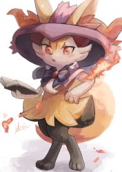 Rule 34 | 1girl, :o, animal ear fluff, animal ears, blush, book, bow, braixen, capelet, commentary, cosplay, creatures (company), female focus, fire, fox ears, full body, furry, furry female, game freak, gen 4 pokemon, gen 6 pokemon, hat, highres, holding, holding book, ikei, looking to the side, mismagius, mismagius (cosplay), nintendo, open mouth, pokemon, purple hat, red eyes, signature, simple background, solo, white background, witch hat
