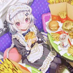 Rule 34 | 1girl, apron, black dress, black footwear, black pantyhose, blush, braid, burger, cola, commentary request, couch, crossed bangs, cup, disposable cup, dress, eating, food, french fries, frilled apron, frilled pillow, frills, hair between eyes, hanasaki ayame, highres, holding, holding food, horns, jdge, kuusou code plus, long hair, long sleeves, looking at viewer, maid headdress, mcdonald&#039;s, pantyhose, pillow, pouty lips, red eyes, sitting, smile, solo, striped, sweatdrop, table, vertical stripes, white apron, white hair