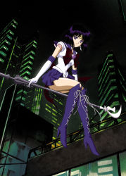 Rule 34 | 1990s (style), 1girl, bishoujo senshi sailor moon, black hair, boots, bow, brooch, broom, broom riding, brown bow, choker, city, cross-laced footwear, earrings, elbow gloves, full body, glaive (polearm), gloves, heart, heart brooch, high heels, hino ryutaro, holding, holding polearm, holding spear, holding weapon, jewelry, knee boots, lace-up boots, magical girl, night, pleated skirt, polearm, purple eyes, purple footwear, purple skirt, retro artstyle, ribbon, sailor saturn, shoes, short hair, sidesaddle, silence glaive, sitting, skirt, smile, solo, spear, super sailor saturn, tiara, tomoe hotaru, weapon, white gloves
