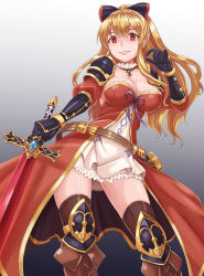 Rule 34 | 10s, 1girl, belt, black bow, black thighhighs, blonde hair, boots, bow, breasts, brown footwear, cleavage, collarbone, cross-laced footwear, dan (orange train), detached collar, dress, empty eyes, eyebrows, gauntlets, gradient background, granblue fantasy, grin, hair between eyes, hair bow, holding, holding sword, holding weapon, knee pads, lace, lace-trimmed dress, lace-up boots, lace trim, lips, long hair, looking at viewer, medium breasts, no bra, purple ribbon, red eyes, ribbon, short dress, shoulder pads, showgirl skirt, sidelocks, smile, solo, sparkle, sword, thighhighs, vira (granblue fantasy), weapon