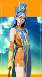 Rule 34 | 1girl, blue hair, blue hat, blue tabard, bodysuit, breasts, cloud, cloudy sky, cross, detached sleeves, dragon quest, dragon quest iii, fingerless gloves, gloves, hat, holding, holding staff, ishihama masashi, long hair, looking to the side, orange bodysuit, priest (dq3), red eyes, sideboob, sky, solo, staff, standing, tabard, turtleneck, turtleneck bodysuit, yellow gloves