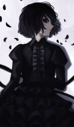 Rule 34 | 1girl, absurdres, black dress, black eyes, black gloves, black hair, black theme, bob cut, closed mouth, cowboy shot, dress, empty eyes, expressionless, facing to the side, falling petals, gloves, gothic lolita, hand on own stomach, highres, juliet sleeves, layered dress, limited palette, lolita fashion, long dress, long sleeves, looking at viewer, lying, monogatari (series), on back, oshino ougi, pale skin, petals, profile, puffy sleeves, shadow, short hair, simple background, solo, white background, yamada maya (yamdmay)