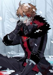 Rule 34 | 1boy, bare tree, black gloves, black jacket, black pants, blood, blood in hair, blood on face, blood on snow, blue eyes, breath, brown hair, covering own mouth, earrings, fur-trimmed hood, fur trim, genshin impact, gloves, hand over own mouth, highres, hood, hood down, jacket, jewelry, looking to the side, male focus, outdoors, pants, single earring, sitting, snow, solo, ssm (ssm82048039), tartaglia (genshin impact), tree, winter