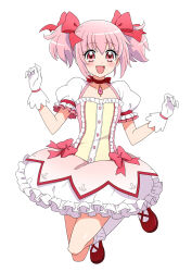 1girl absurdres blush bow breasts bubble_skirt buttons chest_jewel choker collarbone commentary commission dress dress_bow frilled_dress frills full_body gloves hair_bow hands_up highres kagami_chihiro kaname_madoka kaname_madoka_(magical_girl) looking_at_viewer magical_girl mahou_shoujo_madoka_magica mahou_shoujo_madoka_magica_(anime) open_mouth parody pink_bow pink_dress pink_eyes pink_hair pixiv_commission puffy_short_sleeves puffy_sleeves red_choker red_footwear ribbon_choker short_hair short_sleeves simple_background skirt small_breasts smile socks solo soul_gem style_parody twintails two-tone_dress white_background white_dress white_gloves white_socks yamaoka_naoko_(style)