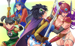Rule 34 | 4girls, armor, ass, bikini armor, black hair, blue eyes, blue hair, blush, breasts, brown eyes, cameltoe, cape, chinese clothes, cleavage, closed mouth, dragon quest, dragon quest iii, fighter (dq3), fighting stance, gloves, groin, hat, helmet, highres, holding, holding staff, holding sword, holding weapon, huracan, inja no kuruwa, large breasts, legs, long hair, looking at viewer, multiple girls, muscular, muscular female, open mouth, panties, priest (dq3), purple hair, red eyes, roto (dq3), serious, sheath, shield, short hair, shoulder pads, skin tight, skirt, smile, soldier (dq3), square enix, staff, standing, sword, thighs, tiara, twintails, underwear, wavy hair, weapon