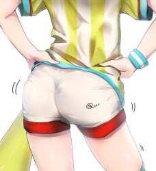 Rule 34 | 1girl, absurdres, ass, ass focus, ass shake, clothes, hands on own hips, head out of frame, highres, hololive, lower body, oozora subaru, oozora subaru (1st costume), qualthis, shirt, shorts, signature, simple background, solo, striped clothes, striped shirt, vertical-striped clothes, vertical-striped shirt, virtual youtuber, white background, wristband