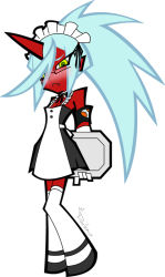 Rule 34 | 10s, 1girl, alternate costume, armband, bare shoulders, blue hair, blush, colored skin, darika wora-apinyaporn, demon girl, elbow gloves, enmaided, fang, gloves, green eyes, horns, kneesocks (psg), long hair, maid, maid headdress, multicolored eyes, official style, paintze, panty &amp; stocking with garterbelt, ponytail, red skin, single horn, solo, thighhighs, tray, white gloves, white thighhighs