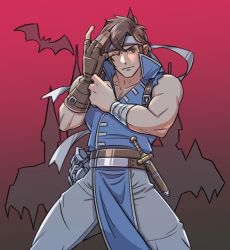 Rule 34 | 1boy, adjusting clothes, adjusting gloves, breasts, brown hair, castlevania (series), castlevania: rondo of blood, fingerless gloves, glove pull, gloves, kalamaridesert, konami, male focus, muscular, red background, richter belmont, short hair, solo, taunting