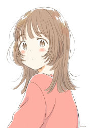 Rule 34 | 1girl, :c, absurdres, blunt bangs, blunt ends, blush stickers, brown eyes, brown hair, closed mouth, dot nose, expressionless, eyebrows, from behind, from side, highres, itunohika, long hair, long sleeves, looking at viewer, looking back, looking to the side, muted color, no pupils, original, pale color, signature, simple background, solo, tareme, thick eyebrows, upper body, white background