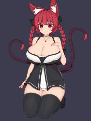 Rule 34 | 1girl, absurdres, animal ear fluff, animal ears, bare shoulders, black dress, black thighhighs, braid, breasts, cat ears, cat tail, choker, cleavage, dress, grey background, hand on own chest, highres, jewelry, kaenbyou rin, kneeling, large breasts, long hair, multiple tails, necklace, nekomata, ody kishi, red eyes, red hair, simple background, solo, tail, thighhighs, touhou, twin braids, twintails, two tails