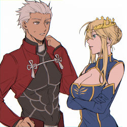 Rule 34 | 1boy, 1girl, ahoge, archer (fate), artoria pendragon (fate), artoria pendragon (lancer) (fate), blonde hair, braid, breasts, cleavage, crossed arms, dark skin, elbow gloves, fate/grand order, fate (series), french braid, gloves, green eyes, grey hair, hair bun, highres, kulissara-aung, large breasts, looking at another, parted lips, simple background, single hair bun, teeth, white background