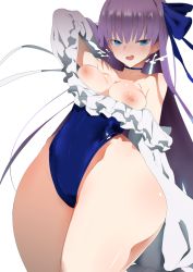 Rule 34 | 1girl, :q, alternate breast size, arm behind head, blue eyes, blush, breasts, breasts out, choker, cleavage, fate/grand order, fate (series), frills, furau, groin, hair ribbon, highres, long hair, looking at viewer, medium breasts, meltryllis, meltryllis (fate), meltryllis (swimsuit lancer) (fate), meltryllis (swimsuit lancer) (second ascension) (fate), nipples, open mouth, purple hair, ribbon, smile, solo, thighs, tongue, tongue out, very long hair, wide hips