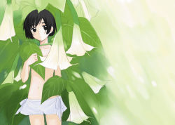 Rule 34 | 1girl, androgynous, black eyes, black hair, censored, collarbone, convenient censoring, expressionless, flat chest, flower, freckles, kazuto izumi, lily (flower), looking away, original, short hair, shorts, solo, standing, topless