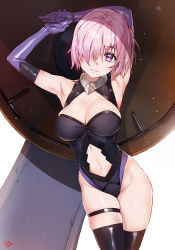 Rule 34 | 1girl, arm behind back, armor, armored dress, armpits, clothing cutout, cowboy shot, detached sleeves, elbow gloves, eyes visible through hair, fate/grand order, fate (series), gloves, hair over one eye, holding, holding weapon, leotard, light smile, looking at viewer, mash kyrielight, navel, navel cutout, purple eyes, purple gloves, purple hair, purple leotard, purple thighhighs, shield, short hair, solo, thigh strap, thighhighs, thighs, weapon, yd (orange maru)