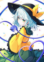 Rule 34 | 1girl, black hat, bow, commentary, confetti, cowboy shot, floral print, frilled shirt collar, frilled skirt, frilled sleeves, frills, from side, green eyes, green hair, green skirt, hat, hat bow, heart, heart of string, highres, komeiji koishi, light blush, long sleeves, looking at viewer, medium hair, rose print, shirt, simple background, skirt, solo, standing, third eye, touhou, wavy hair, white background, wide sleeves, yamanakaume, yellow bow, yellow shirt