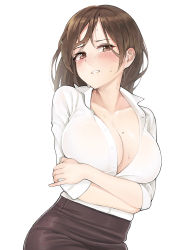 Rule 34 | 1girl, absurdres, ameyame, blush, breasts, brown eyes, brown hair, brown skirt, buttons, cleavage, clenched teeth, collared shirt, cowboy shot, crossed arms, dress shirt, frown, head tilt, highres, large breasts, long hair, long sleeves, looking at viewer, mole, mole on breast, no bra, office lady, original, pencil skirt, shirt, simple background, skirt, solo, sweat, teeth, unbuttoned, unbuttoned shirt, wet, white background, wing collar