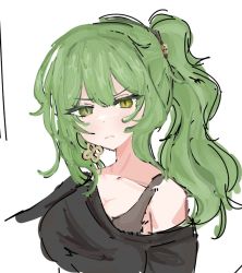 Rule 34 | 1girl, bare shoulders, black shirt, cami acid day, closed mouth, collarbone, commentary, cropped torso, english commentary, green eyes, green hair, hair between eyes, heterochromia, honkai (series), honkai impact 3rd, long hair, looking at viewer, mobius (honkai impact), off shoulder, ponytail, shirt, simple background, sketch, solo, upper body, v-shaped eyebrows, white background