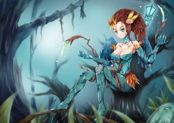 Rule 34 | 1girl, absurdres, alternate costume, blonde hair, blue eyes, breasts, brown hair, cleavage, dying0414, flower, gloves, hair flower, hair ornament, haunted zyra, highres, lamp, leaf, league of legends, long hair, multicolored hair, plant, scar, sitting, solo, tree, two-tone hair, vines, wings, zyra