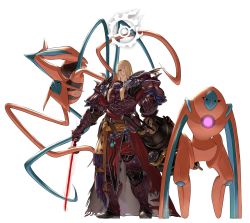 Rule 34 | 1boy, armor, belt, blonde hair, breastplate, cape, commentary, creatures (company), crossover, deoxys, deoxys (attack), deoxys (defense), final fantasy, final fantasy xiv, fringe trim, full body, game freak, garlean, gen 3 pokemon, greaves, grey eyes, hair over one eye, highres, holding, holding poke ball, holding sword, holding weapon, long hair, looking at viewer, male focus, mythical pokemon, nintendo, one eye covered, pauldrons, poke ball, pokemon, pokemon (creature), potion lilac, red cape, sash, shoulder armor, simple background, standing, straight hair, sword, third eye, torn cape, torn clothes, weapon, white background, yellow sash, zenos yae galvus