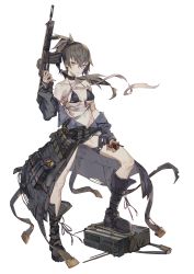 Rule 34 | 1girl, absurdres, bandaged chest, bare shoulders, belt, bikini, black bikini, black choker, boots, breasts, brown footwear, choker, coat, counter:side, cross-laced footwear, full body, grey coat, grey hair, grey shorts, gun, hand up, highres, holding, holding gun, holding walkie-talkie, holding weapon, knee boots, lace-up boots, long hair, long sleeves, machine collector, navel, official art, open clothes, open coat, parted lips, ponytail, radio transceiver, red eyes, rifle, scar, scar on leg, scar on stomach, short shorts, shorts, solo, standing, stepped on, swimsuit, tachi-e, thigh belt, thigh strap, transparent background, underboob, underbust, walkie-talkie, weapon