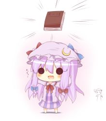 Rule 34 | 2girls, :d, bat wings, blush, book, bow, chibi, crescent, emphasis lines, fang, female focus, gaius (nikoniko2), hair bow, hat, long hair, mukyuu, multiple girls, open mouth, patchouli knowledge, purple hair, remilia scarlet, smile, solid circle eyes, solo focus, sweatdrop, touhou, wings
