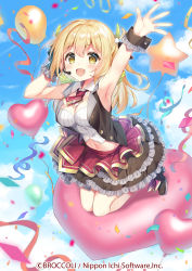 Rule 34 | 1girl, :d, armpits, arms up, balloon, bare shoulders, black footwear, black skirt, black vest, blonde hair, blue sky, blush, breasts, brown eyes, character request, cleavage, cloud, cloudy sky, commentary request, confetti, copyright notice, crop top, day, frilled skirt, frills, hair between eyes, headset, heart balloon, highres, layered skirt, long hair, medium breasts, midriff, natsuki marina, navel, open mouth, outdoors, shirt, shoes, skirt, sky, sleeveless, sleeveless shirt, smile, solo, star balloon, streamers, vest, white shirt, wrist cuffs, z/x