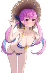Rule 34 | 1girl, :o, absurdres, ahoge, bikini, blue hair, blue nails, breasts, cleavage, drill hair, hand up, hat, highres, hololive, large breasts, leaning forward, long hair, minato aqua, multicolored hair, navel, parted lips, pink hair, purple eyes, simple background, solo, stomach, straw hat, striped bikini, striped clothes, swimsuit, tobidasu00, twin drills, two-tone hair, very long hair, virtual youtuber, white background