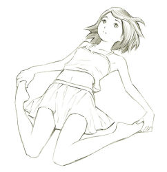 Rule 34 | 1girl, barefoot, feet, hands on feet, monochrome, original, short hair, sketch, solo, yoshitomi akihito