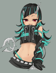 Rule 34 | 1girl, nanashi inc., belt, black hair, black jacket, black skirt, blue belt, blue hair, blue panties, blush, clothing cutout, commentary request, cowboy shot, cropped jacket, cross-laced clothes, cross-laced sleeves, demon girl, demon horns, demon tail, fang, flat chest, gloves, green background, grey skirt, highleg, highleg panties, horns, jacket, layered skirt, long hair, long sleeves, looking at viewer, midriff, migchip, multicolored hair, navel, open mouth, panties, partially fingerless gloves, pointy ears, red eyes, shishio chris, shoulder cutout, simple background, skirt, smile, solo, sugar lyric, tail, tan, two-tone hair, underwear, virtual youtuber, zipper skirt