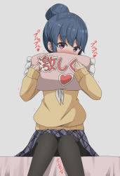 Rule 34 | 1girl, aikawa ryou, black pantyhose, blue hair, blue skirt, blush, brown sweater, commentary request, covered mouth, feet out of frame, frilled pillow, frills, grey background, hair between eyes, hair bun, hands up, highres, holding, holding pillow, long sleeves, looking at viewer, nose blush, pantyhose, pillow, pleated skirt, purple eyes, shima rin, simple background, single hair bun, sitting, skirt, sleeves past wrists, solo, sweater, translation request, yurucamp
