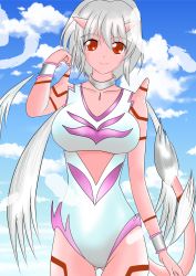 Rule 34 | 1girl, angel leotard, blue sky, breasts, choker, cloud, collarbone, demon girl, demon horns, dragon quest, dragon quest x, feathers, grey hair, highres, horns, large breasts, leotard, long hair, looking at viewer, low twintails, ogre (dq10), red eyes, sky, smile, square enix, standing, twintails, white hair, white leotard, wristband, yuuyuu (3jjbn)