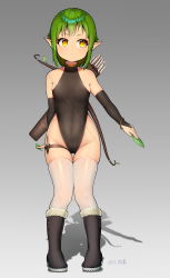 Rule 34 | 1girl, absurdres, arm behind back, arrow (projectile), black footwear, black gloves, black leotard, boots, bow (weapon), bracelet, bridal gauntlets, covered navel, elbow gloves, elf, expressionless, flat chest, full body, gloves, gluteal fold, green hair, grey background, groin, highleg, highleg leotard, highres, jewelry, knife, leaf, leotard, original, outstretched arm, pointy ears, quiver, renroujiang, shadow, short hair, simple background, skin tight, solo, thigh gap, thigh strap, thighhighs, thighs, weapon, white thighhighs, yellow eyes