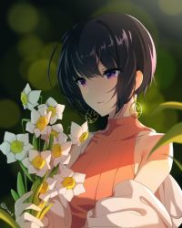 Rule 34 | 1girl, akamoku, bad id, bad pixiv id, bare shoulders, black hair, blurry, blurry background, bouquet, collarbone, day, depth of field, earrings, flower, highres, holding, holding bouquet, idolmaster, idolmaster cinderella girls, jewelry, long sleeves, outdoors, parted lips, purple eyes, shirayuki chiyo, short hair, sleeveless, sleeveless sweater, smile, solo, sunlight, sweater, sweater vest, twitter username, upper body, white flower