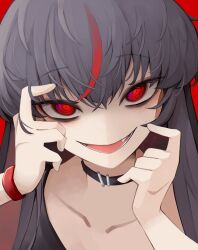 Rule 34 | 1girl, black hair, blush, bracelet, choker, commentary, english commentary, fang, highres, jewelry, long hair, looking at viewer, multicolored hair, open mouth, original, red background, red eyes, simple background, smile, solo, streaked hair, tongue, yandere, yuu azma