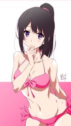 Rule 34 | 10s, 1girl, arched back, arm behind back, artist name, bad id, bad pixiv id, bikini, black hair, blush, breasts, cleavage, collarbone, cowboy shot, finger in own mouth, front-tie bikini top, front-tie top, hand up, heart, heart-shaped pupils, hibike! euphonium, highres, kousaka reina, leaning forward, long hair, looking at viewer, medium breasts, navel, nii manabu, pink bikini, ponytail, purple eyes, side-tie bikini bottom, side-tie bottom, sidelocks, solo, standing, swimsuit, symbol-shaped pupils, two-tone background