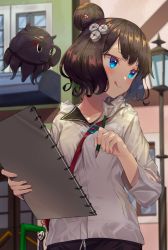 Rule 34 | 1girl, :3, :q, absurdres, between breasts, black eyes, blue eyes, blush, breasts, brown hair, building, charm (object), closed mouth, collarbone, commentary request, day, fate/grand order, fate (series), floating, flower, grey jacket, hair bun, hair flower, hair ornament, highres, holding, holding pencil, huge filesize, jacket, jun (aousa0328), katsushika hokusai (fate), katsushika hokusai (traveling outfit) (fate), lamppost, long sleeves, looking to the side, octopus, official alternate costume, outdoors, pencil, short hair, single hair bun, sketchbook, small breasts, solo, strap between breasts, tokitarou (fate), tongue, tongue out, upper body, white flower