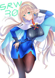 Rule 34 | 1girl, absurdres, black pantyhose, blonde hair, blue dress, capelet, dress, earrings, green eyes, hairband, highres, jewelry, long hair, low twintails, military, military uniform, mitsuba greyvalley, pantyhose, red neckwear, solo, super robot wars, super robot wars 30, triangle earrings, troy (oxaa01ex), twintails, uniform, white capelet, white footwear, white hairband