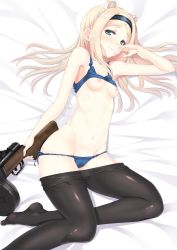 Rule 34 | 10s, 1girl, absurdres, aleksandra i. pokryshkin, animal ears, artist request, asuka (ankeltom603), black pantyhose, blonde hair, blue bra, blue eyes, blue panties, bra, bra lift, brave witches, breasts, closed mouth, clothes lift, clothes pull, gun, hairband, hand to own mouth, highres, long hair, lying, machine gun, nipples, on side, panties, pantyhose, pantyhose pull, parted bangs, side-tie panties, sidelocks, small breasts, smile, solo, sports bra, sports bra lift, strike witches, submachine gun, underwear, underwear only, weapon, world witches series
