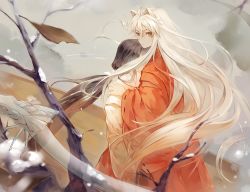 Rule 34 | 1boy, 1girl, animal ears, autumn leaves, black hair, boat, branch, commentary request, covered face, floating hair, from above, frown, hakama, hand on another&#039;s shoulder, inuyasha, inuyasha (character), j-rin, japanese clothes, kikyou (inuyasha), long hair, looking to the side, low ponytail, miko, ponytail, red hakama, ribbon-trimmed sleeves, ribbon trim, ripples, river, shinidamachuu, snow, standing, transparent, very long hair, watercraft, white hair, wide sleeves, wolf ears, yellow eyes
