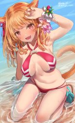 Rule 34 | 1girl, :d, animal ears, aonaga heri, arm up, artist name, beach, bikini, blonde hair, blush, breasts, cat ears, cat tail, commentary request, criss-cross halter, day, facial mark, fang, final fantasy, final fantasy xiv, hair ornament, halterneck, long hair, looking at viewer, medium breasts, miqo&#039;te, nail polish, navel, open mouth, outdoors, red bikini, red eyes, red nails, sandals, sitting, skin fang, smile, solo, stomach, swimsuit, tail, warrior of light (ff14), water, wet, whisker markings