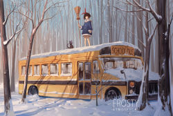 Rule 34 | 1girl, animal, arm at side, bare legs, bare tree, black cat, blue coat, blunt bangs, bob cut, bow, broom, brown hair, bus, cat, coat, day, english text, forest, fur-trimmed coat, fur trim, hair bow, hairband, holding, holding broom, jiji (majo no takkyuubin), kiki (majo no takkyuubin), long sleeves, looking at viewer, majo no takkyuubin, motor vehicle, nature, on vehicle, outdoors, ribbon, scenery, school bus, short hair, smile, snow, standing, tree, winter, winter clothes, winter coat, yusheng