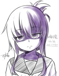 Rule 34 | 10s, 1girl, 2015, dated, folded ponytail, gurande (g-size), head tilt, highres, inazuma (kancolle), kantai collection, looking at viewer, monochrome, purple theme, school uniform, serafuku, shaded face, signature, simple background, solo, unamused, white background